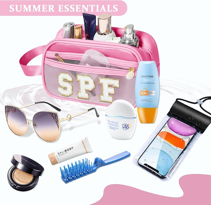 COSHAYSOO Clear Sunscreen Bag Makeup Toiletries Pouch Beach Vacation Essentials Summer Travel Stuff Accessories Personalized Graduation Gifts for Women College Teen Girls Teacher Nurse Pink SPF