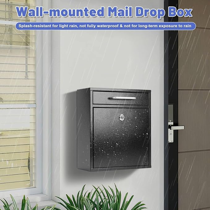 KYODOLED Steel Key Lock Mail Boxes for Outside, Locking Wall Mount Mailbox, Security Key Drop Box for Home, Office or Commercial, 12H x 10.5L x 4.6W Inches, Black Large