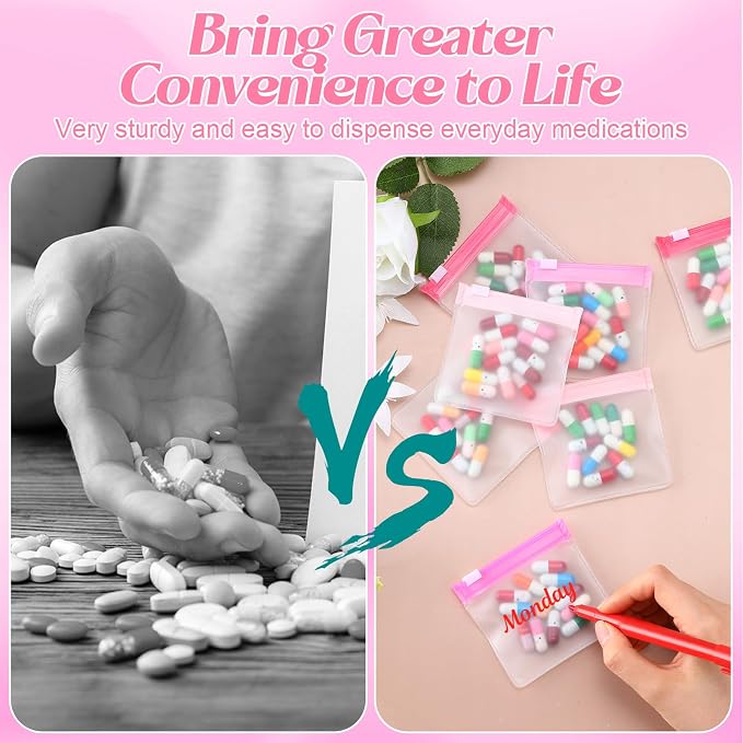 Sherr 35 Pcs Pill Pouch Bags with Zipper Pill Pouch Set Travel Reusable Translucent Medicine Organizer Self Sealing Plastic Bag with Slide Lock for Storage(Gradient Pink,3 x 3 Inch,Blank Style)