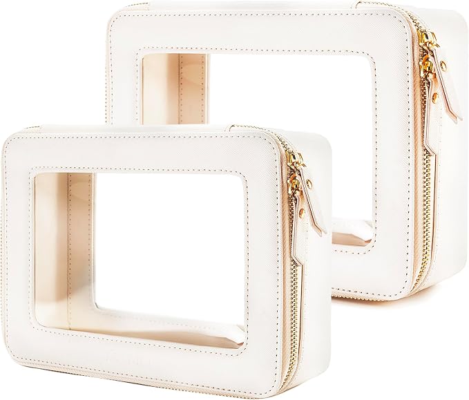 Aveniee Clear Makeup Bag Organizer Set,Portable Travel Toiletry Case for Women, Vegan Leather Cosmetic Pouch Car Bag for Essentials 2pcs,Middle & Large,Beige