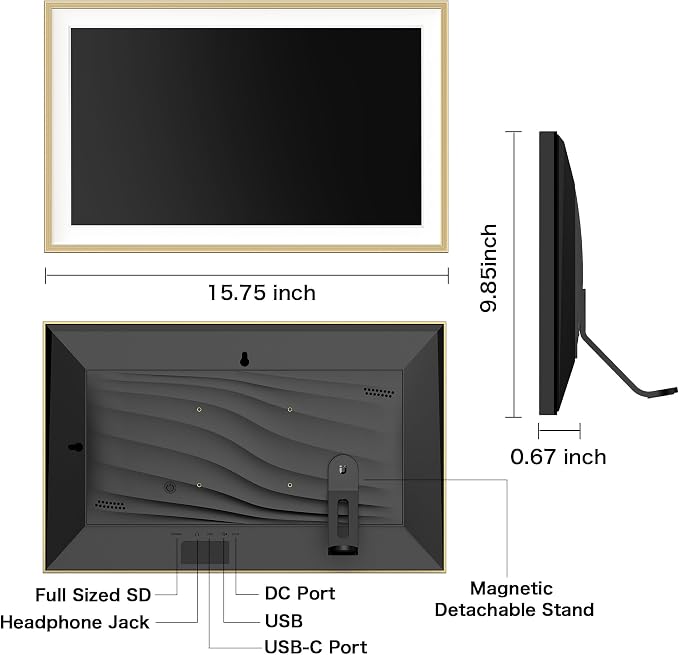 Frameo 15.6 inch Digital Picture Frame, Large Digital Photo Frame WiFi, 32GB Capacity, 1920 * 1080 IPS FHD Touch Screen, Electronic Picture Frame Slideshow, Wall-Mounted, Gifts for Mom, Women, Golden
