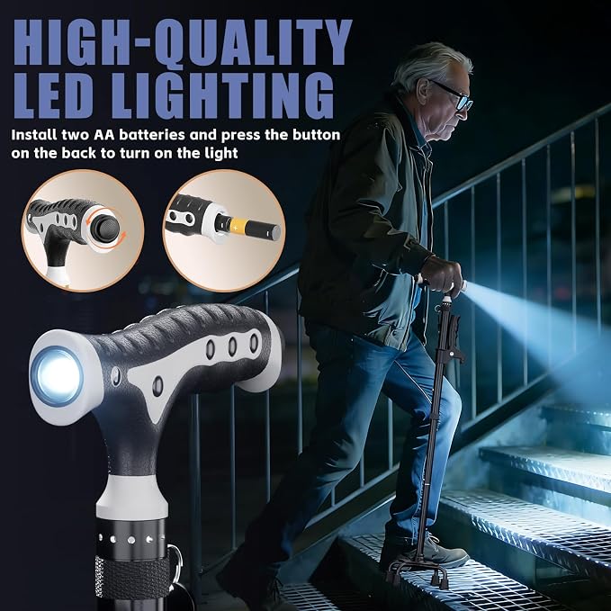 Hold 440 lbs Walking Cane for Seniors Aluminum Alloy Lightweight Height Adjustable Walking Stick Heavy Duty Foldbale Free Standing Cane with LED for Men and Women Adults