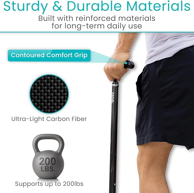 Vive Ultra-Lightweight Quad Cane - Carbon Fiber Walking Stick for Men & Women - Adjustable Ergonomic Grip Handle - Nonslip 4 Prong Rubber Tips for Right, Left Stability Support - Mobility Travel Aid