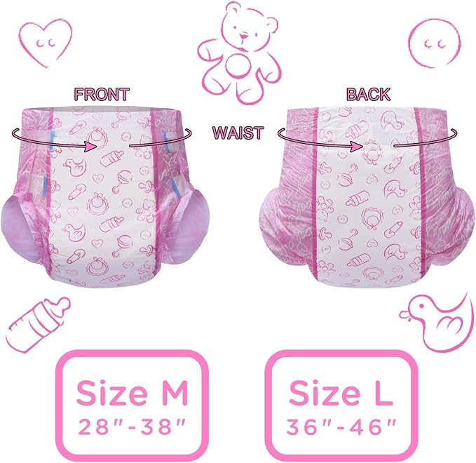 Littleforbig Adult Printed Diaper 10 Pieces - Nursery Pink (Large 36"-46")