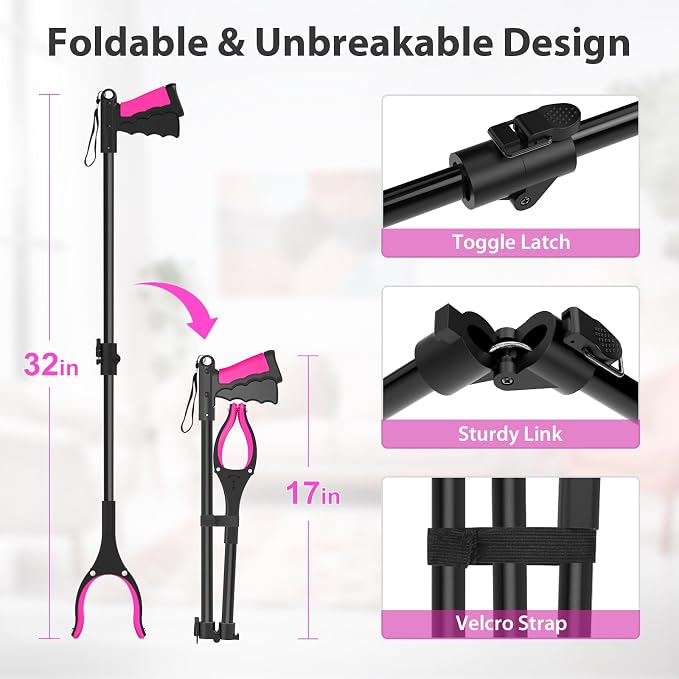 32" Foldable Grabber Reacher Pickup Tool for Seniors, Pink | 360° Rotating Jaw, Magnetic Tip, Long Hand Grip Pickup Tool, Silicone Non-Slip Claws, Indoor & Outdoor