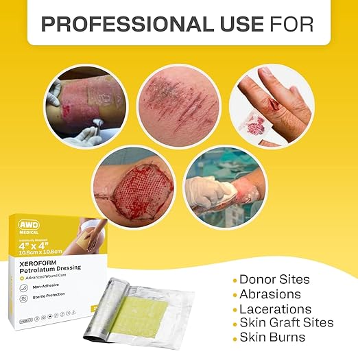 AWD Medical Xeroform Petrolatum Dressing - Non-Adhering Gauze Pad - Fine Mesh Gauze Patch Sterile - Healthcare Supplies for Wound Care, Burns, Lacerations, & Skin Grafts Aide (Box of 25) (4"x4")
