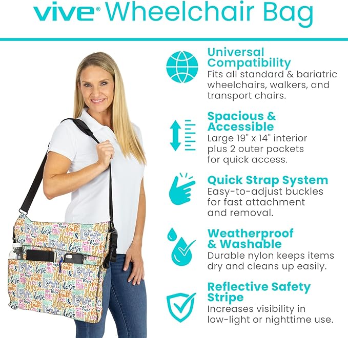 Vive XL Wheelchair Accessories Bag - Waterproof, Scratch-Resistant, Double-Stitched, Machine Washable for Adults, Seniors, 15 Colors - Storage Walker Backpack to Hang on Back