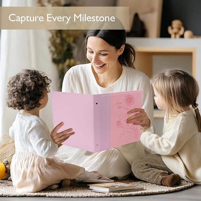 Photo Album 8x10 Clear Pages Pockets Leathe Cover Slip Slide in Photo Album Holds 50 Vertical 8x10 Photos Picture Book for Wedding Family (Pink)