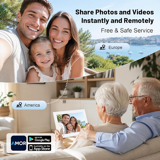 AEEZO Digital Picture Frame, 10.1'' WiFi Electronic Photo Frames with 32GB Memory, 1280 * 800 IPS HD Touch Screen, Auto-Rotate Easy Setup via AiMOR APP, Gifts for Parents and Grandparents White