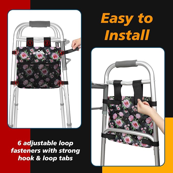 supregear Walker Side Bag, Multi Pocket Storage Pouch for Folding Walker, Water Resistant Lightweight Hand Free Carrier Tote, Universal Size Seniors Caddy Attachment