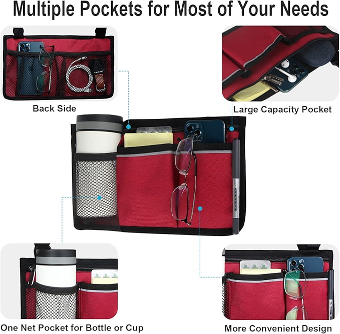 Wheelchair Side Bag, Wheelchair Armrest Storage Pouch with Cup Holder Use of Waterproof Fabric, for Most Wheelchairs, Walkers or Rollators (Red)