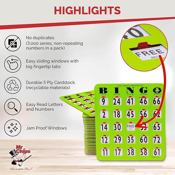 MR CHIPS Complete Bingo Game Set with Jam-Proof Shutter Cards – Easy Read Green Edition – 25 Reusable Large Print Bingo Cards with Sliding Windows, Master Board & Calling Cards – No Chips Needed