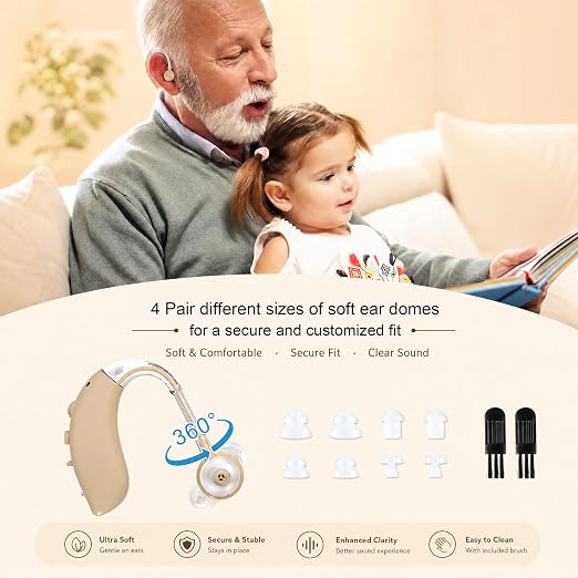 OTC Hearing Aids for Senior, Rechargeable Hearing Aids with Noise Cancelling, Behind-The-Ear Hearing Amplifier for Adults Hearing Loss with Volume Control (Brown)
