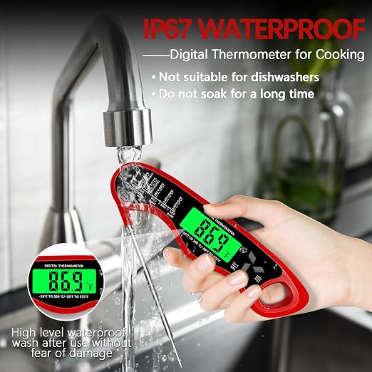 Cooking Thermometer，IP67 Waterproof Meat Thermometer Digital | Backlight，Magnetic attraction，Hold Function，Instant Read，LED screen，for Cooking,Outdoor Grilling