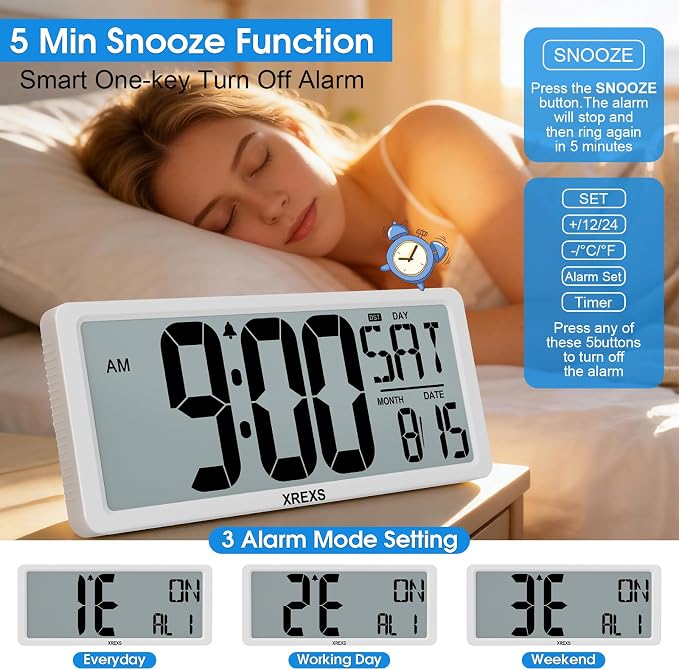XREXS Large Digital Wall Clock, Electronic Alarm Clocks for Bedroom, Count Up & Down Timer, Battery Operated 14.17 Inch Large LCD Screen with Time/Date/Temperature Display
