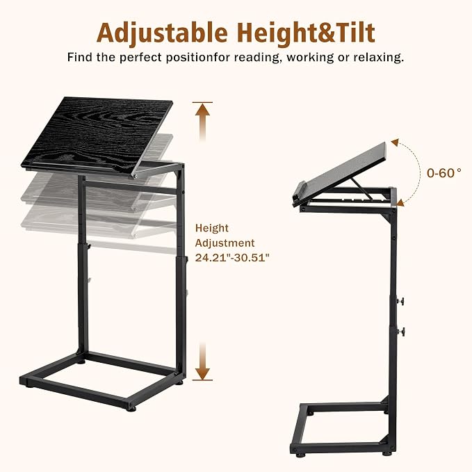 facka C Shaped TV Tray Table, Adjustable Height & 0-60° Tilt for Couch | C Table Sofa Side End Table with Stopper Ledge, Couch Table for Eating, Laptop, Reading & Small Spaces Black
