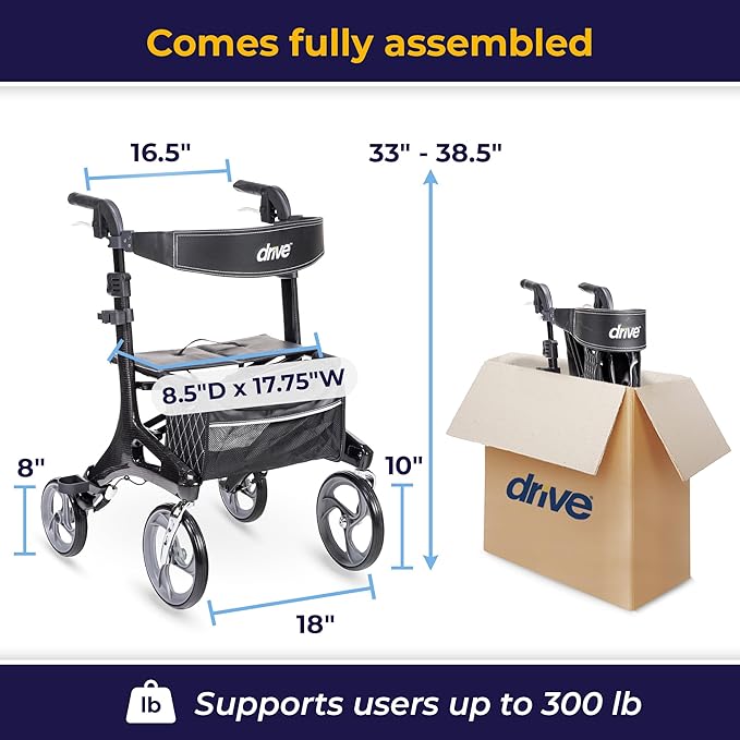 Drive Medical RTL10266CF Nitro Elite CF Rollator Walker with Seat, Black | Foldable Rollator Walker with Seat Offers Lightweight, Convenient Mobility Support for Everyday Use Daily