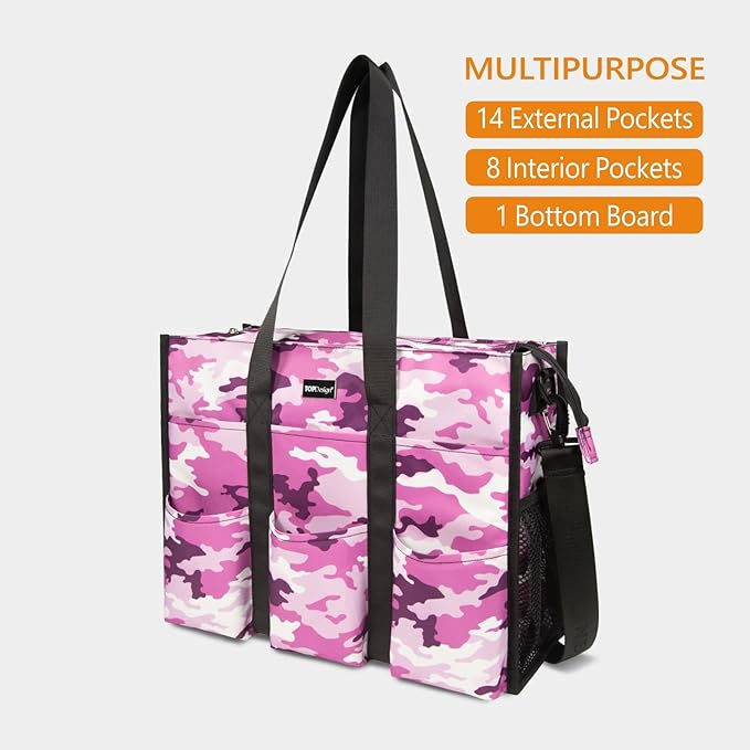 TOPDesign Utility Water Resistant Tote Bag with 22 Pockets, Top Zipper Closure & Thick Bottom Support, for Working Women