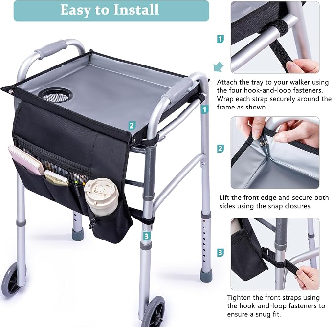 BAGSFY Walker Tray with Cup Holder & Front Walker Bag, Walker Basket for Seniors | Sturdy, Easy-Clean Tray with PEVA Surface | Universal Fit for Standard Walkers, Walker Accessories for Elderly