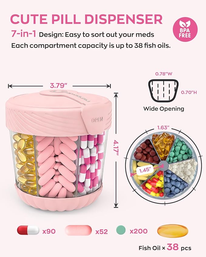 Cute Pill Dispenser with 7 Large Compartments, Portable Pill Bottle Organizer with Wide Opening for Travel, Anti-Mixing Pill Container, Shatterproof BPA-Free, Includes 20 Pcs Labels, Pink