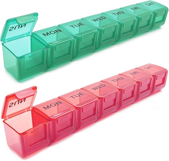 2 Pack Weekly Pill Organizer, Large 7 Day Pill Case, Daily Vitamin Case Medicine Box, AM/PM Pill Containers for Medicine Supplements Fish Oil (Red & Green)