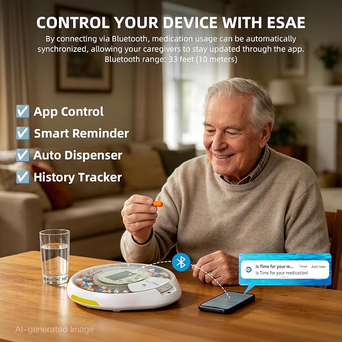 Bluetooth Automatic Pill Dispenser with Safety Lock for Seniors | App/Sound/Light Reminder - Up to 9 Alarms/Day, Medication Track History, Front Security Lock & Ergonomic Flip Lid