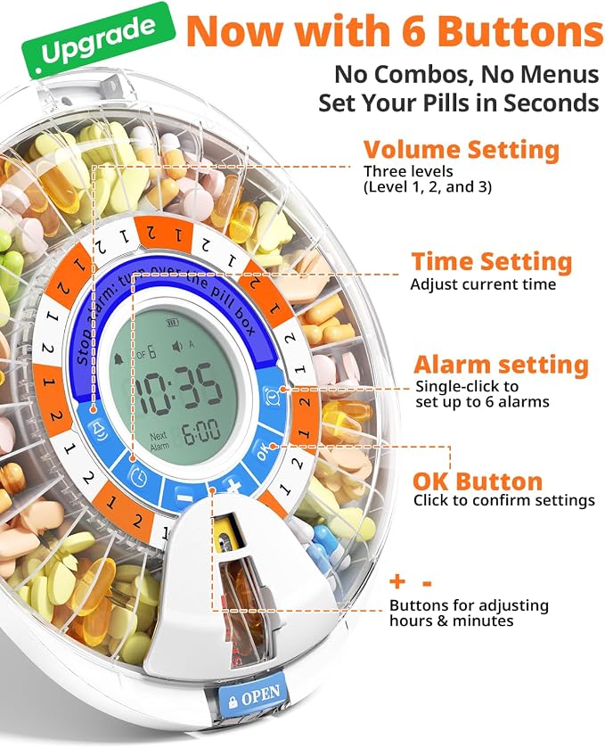 Betife 2nd Gen Automatic Pill Dispenser for Elderly with Alarm | 28 Slots, Key Locked, Alarm & Light Reminder, Mix-Proof, XL Display, 6 Dosage Rings，Easy Setup