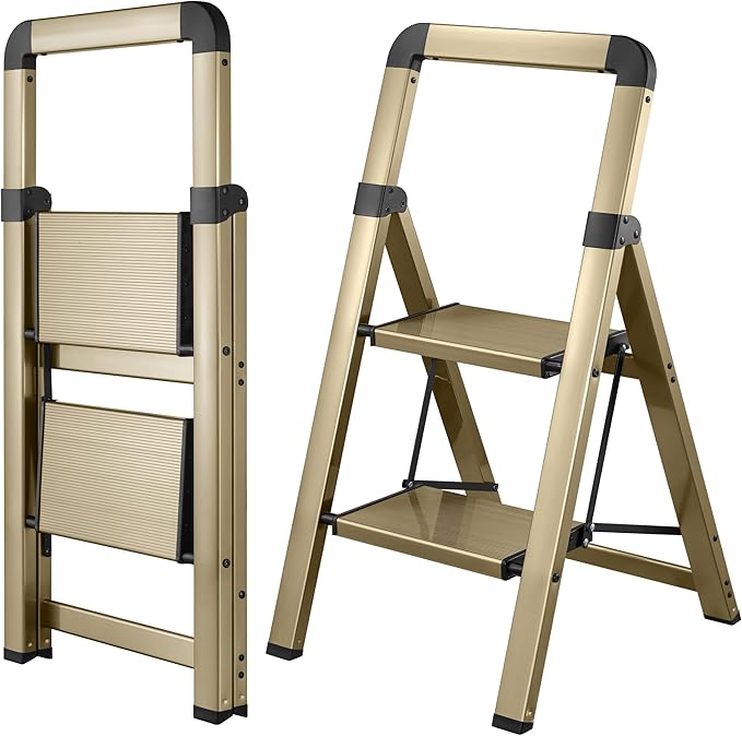 Step Ladders Folding 2-Step Champagne Gold Finish Aluminum Foldable Step Stool,Anti-Slip Portable Sturdy for Home & Kitchen Office 330 lbs
