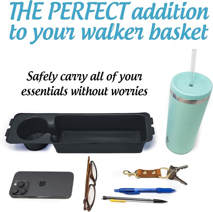 Heavy Duty Clear Plastic Insert/Tray/Cup Holder for Walker Basket (Black)