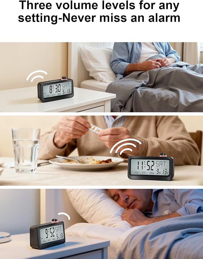 Medication Pill Reminder, Rechargeable Talking Alarm Clock with 3 Custom Voice Recording Alarms, Touch-to-Talk, a Digital Alarm Clocks Gift for Mom/Dad/Seniors/Elderly(Black)