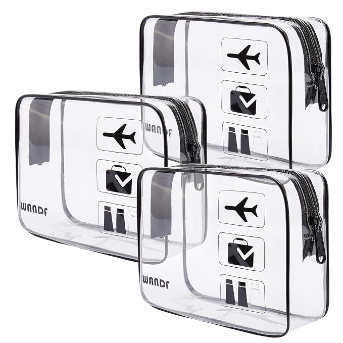 WANDF TSA Approved Toiletry Bag, 3 Pack Clear Makeup Bag | Quart Size, Airport Carry-On, TSA Liquids Travel Bag, Clear PVC, Women Men Travel Essentials