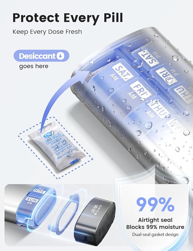 Vaydeer Smart Pill Organizer with Alarm, Metal 7-Day 2 Times a Day Pill Box | No App Required, Optional Bluetooth App, Built-in Desiccant, 7 Alarms, 3 Volume Levels, Airtight Automatic Pill Dispenser
