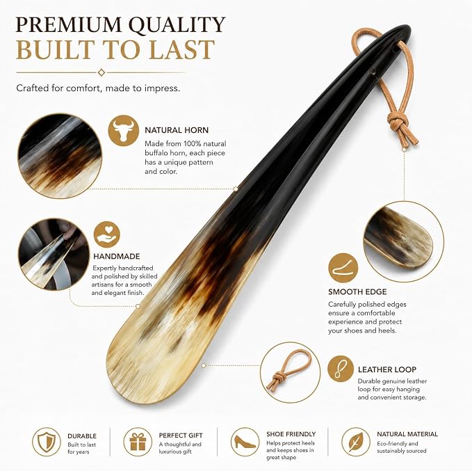 Shoe Horn Made with Real Horn Handmade. Easy Grip Long handle Shoehorn for Men,Women Seniors, Pregnancy, Elderly, back pain, tall people and kids Shoes & Boots.Best Gift Idea Home or Travel Use.(17'')