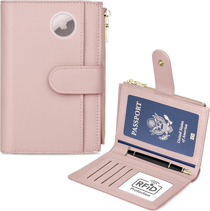 RFID Passport Holder for Travel, Leather Passport Wallet Cover with Airtag | with Airtag Slot, Card Cash Holders, Zippered Coins Pocket, for Women/Men, Gift Box, Travel Essentials, 4.1"L x 1"W x 6.3"H