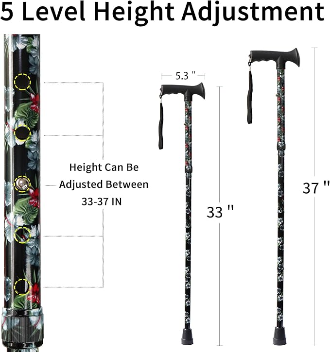 Walking Cane for Men and Women, Foldable Floral Lightweight Adjustable Portable for Folding Canes, Comfortable T-Handle for Seniors Adults