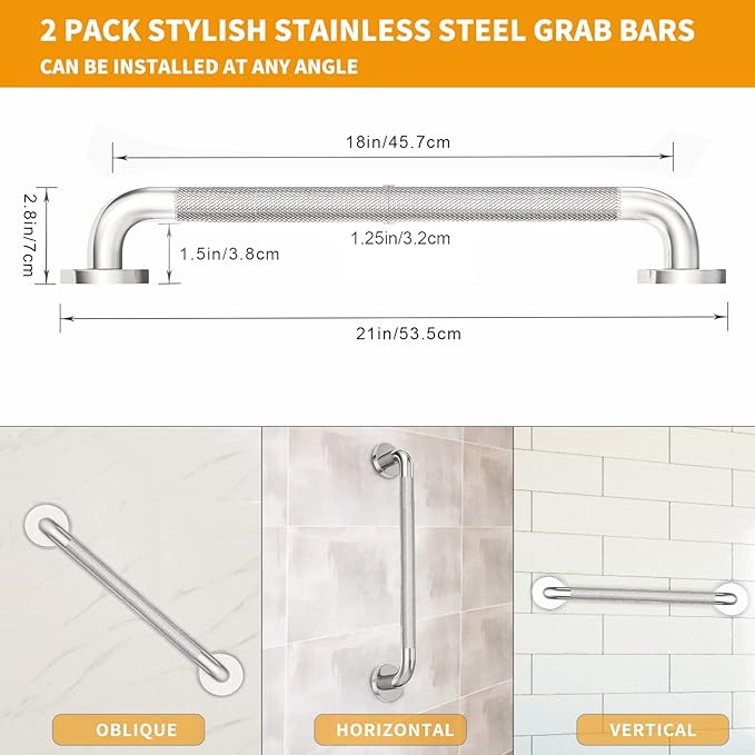 2 Pack 18 inch Shower Grab Bar with Knurled Anti-Slip Grip, ADA 500lbs Supporting, Grab Bar for Bathroom with Concealed Screws, Stainless Steel Chrome Polished Handicap Grab Bar for Christmas Gifts