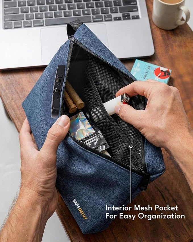 Smell Proof Bag with Combination Lock, Durable Odor Proof Storage Pouch with Activated Carbon Fabric Lining, Secure Travel Pouch for Home & On-the-Go (Denim Blue, 11.8 x 8.6 inches)