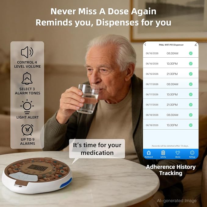 JULOS WiFi Automatic Pill Dipenser with Remote Care Monitoring for Seniors | Up to 9 Doses Per Day with Sound & Light Reminder, Top Lock Key, Ergonomic Lid Design for Elderly & Dementia Care