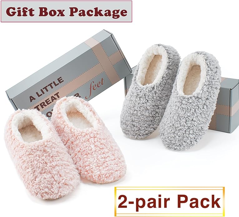 cosyone1997 2-Pair Thick Warm Fuzzy Slippers for Women Indoor Fluffy Sherpa Lined, Winter House Shoe Socks Non-Slip Soft Soles, Cozy Christmas Gifts
