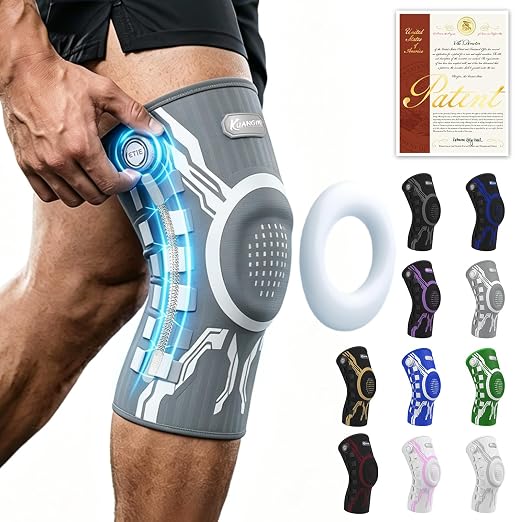 Kuangmi Knob Knee Brace for Pain Relief, Knee Support with Patella Gel Pad & Side Stabilizers, Compression Knee Sleeve for Workout, Arthritis, Joint Pain, Meniscus Tear (Gray White,Right,Large,Single)