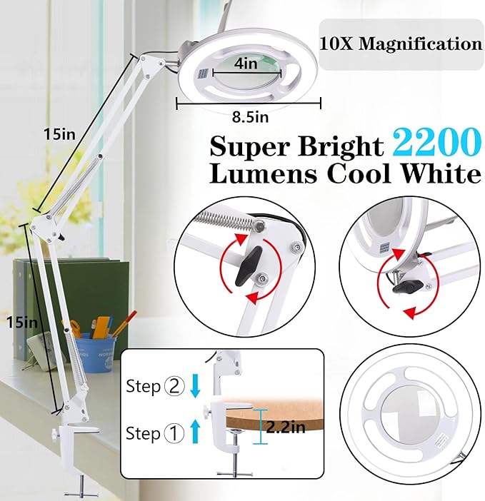 10X Magnifying Glass with Light, KIRKAS 2,200 Lumens LED Magnifying Lamp with Clamp, Stepless Dimmable Real Glass Lens Magnifier, Adjustable Arm Workbench Light for Close Work Hobby Repair - White
