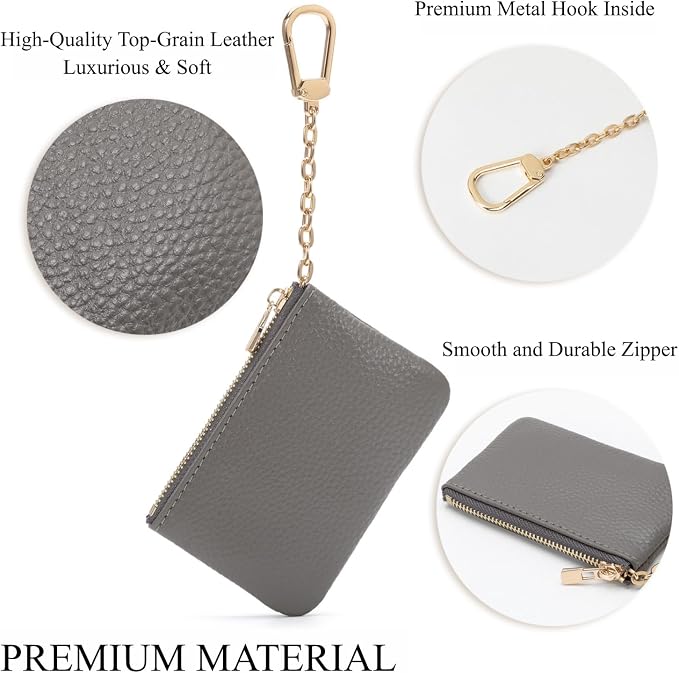 Full Grain Leather Coin Purse with Key Chain - Small Change Purse Keychain Card Holder Keychain Pouch Small Keychain Wallet for Women and Men (Gray)