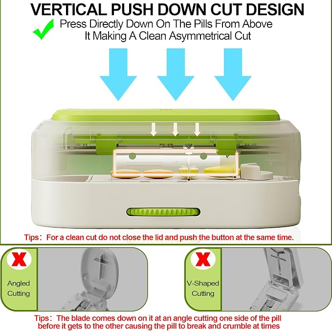 Pill Cutter Splitter for Small and Tiny Pills, Vertical Push Down Cut Pill Cutter 1/4 1/3 1/2, Accurate Pill Cutter for Small or Large Pills with Storage Cleaning Brush Pill Crushers for Elderly Pets