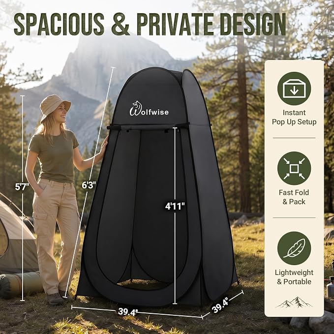 WolfWise Pop Up Shower Tent for Camping Essentials, Compact & Lightweight | Portable Instant Changing Tent with Window & Carry Bag, Privacy Dressing Room Bathroom for Outdoor, 6'3"/6'11" H