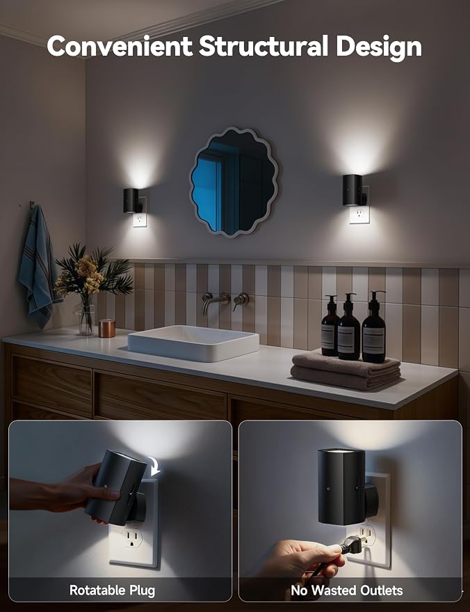 Brightown BL-WM-Square-Black-PW-2PC | Modern Night Light with Rotating Plug, Dusk to Dawn Sensor, 0-100LM Stepless Dimming Night Light for Hallway Bedroom Bathroom