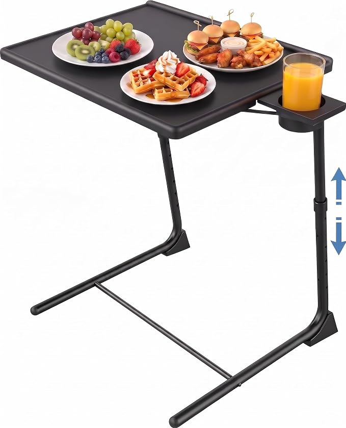 HUANUO Adjustable TV Tray Table - Foldable TV Tray with 6 Height & 3 Tilt Angle Adjustments, TV Dinner Tray with Cup Holder for Couch, Bed, Sofa and Chair (Black)