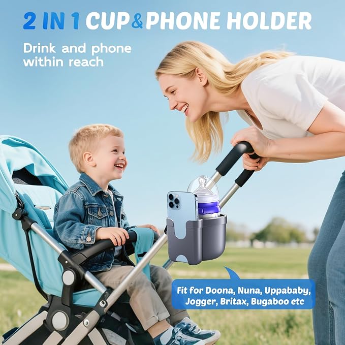 Walker Cup Holder with Phone Holder, Stroller Wheelchair Bike Accessories | Universal Cup Holder Attachment for Rollator Mobility Scooter, Elderly Seniors Gifts, Accessories for Doona, Uppababy, Nuna
