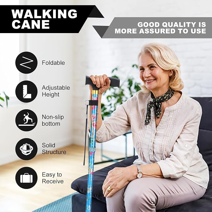 PARLORA Walking Cane for Women and Men, Collapsible, Lightweight, Sleek, Foldable Folding Cane | Walking Sticks for Seniors & Adults with Comfortable T-Handle
