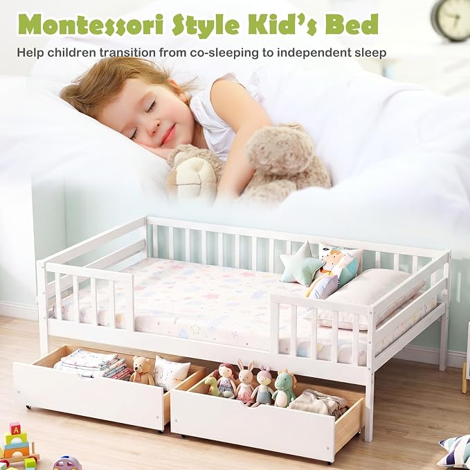 Giantex Full Kids Bed with Storage Drawers, Wood Montessori Bed with Rails & Side Shelf, Low Daybed Bed Frame for Boys Girls, No Box Spring Needed (White)