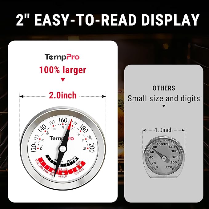 TempPro APT200 Meat Thermometer for Cooking with Extra-Large 2-Inch Dial, Analog Dial Food Cooking Thermometer for Poultry, Ham, Pork, Beef Candy Making Accessory (Previously ThermoPro)